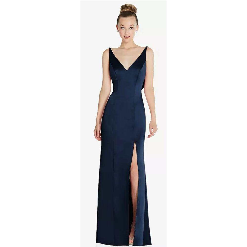 After Six 6856 Midnight Blue Lux Charmeuse Cowl Back Dress Front Slit NWT 18
